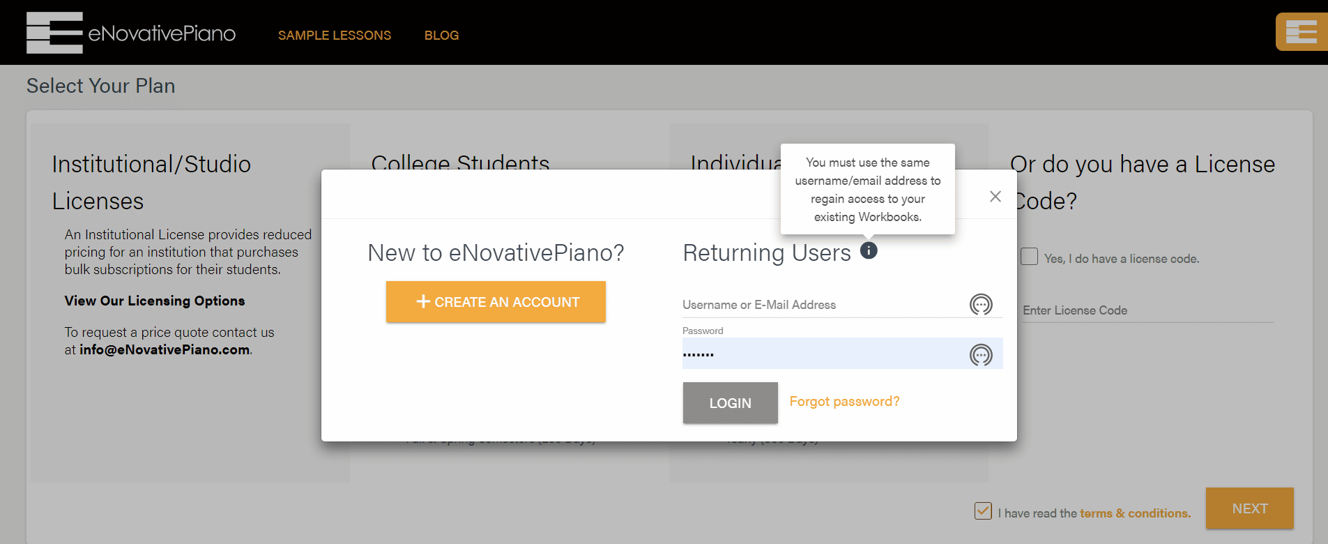 image showing login screen for returning users